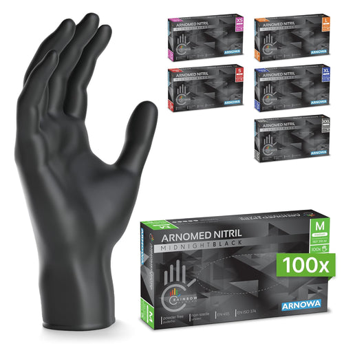 100x ARNOMED Nitrile Gloves Size M Black, Disposable Gloves for Surgery & Laboratory, Nitrile Gloves Powder Free and Latex-Free Nitrile Mitts in XS, S, M, L, XL, XXL