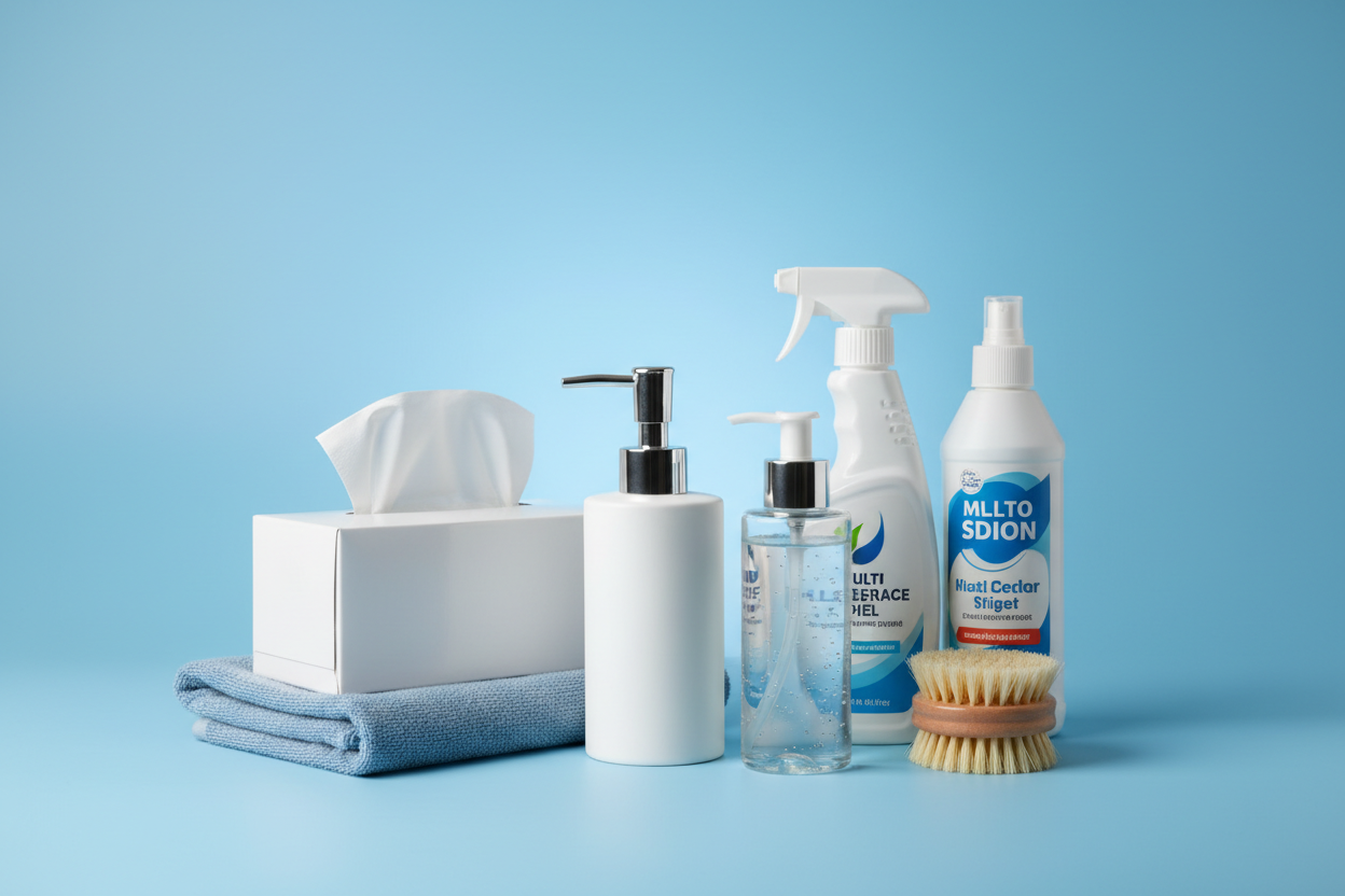 Image bleue avec produits d'hygiène